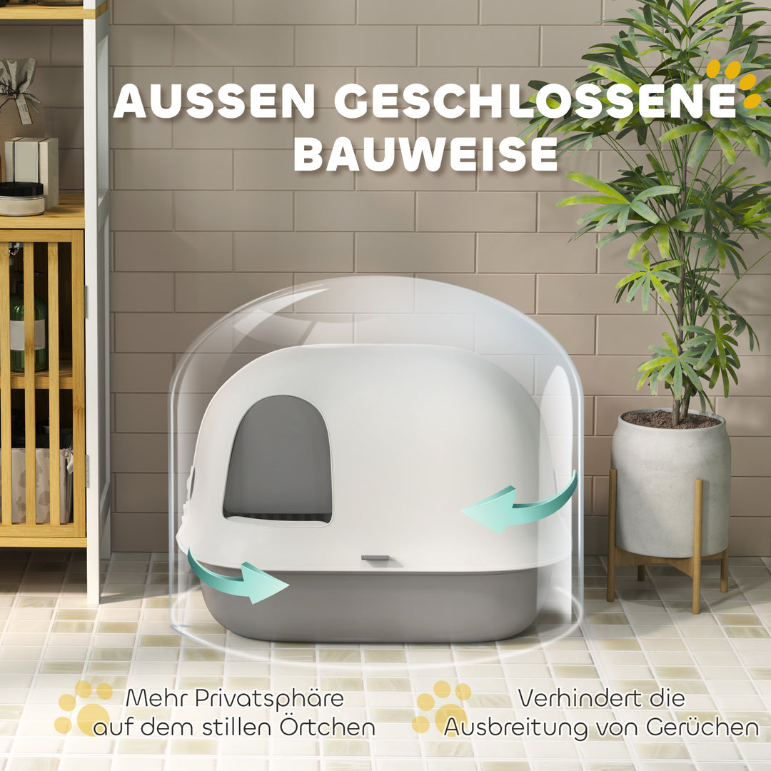 Kattebakke med låg, kattebakke med indvendig kanal, dør, skovl, nem at rengøre, plastik, lysegrå