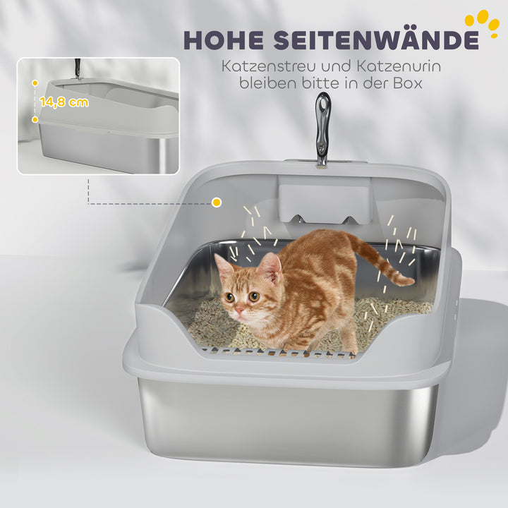 Åben kattebakke i rustfrit stål med ske, høje sider, til store katte op til 12 kg, 69,8 x 50,3 x 29,8 cm, grå