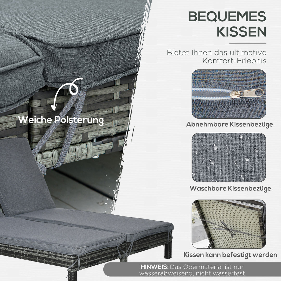 Dobbelt liggestol i polyrattan, havestol til 2 personer, afslapningsstol, luksuslounge, ryglæn med 5 positioner, metal, PE-rattan, grå, 196 x 120 x 28 cm