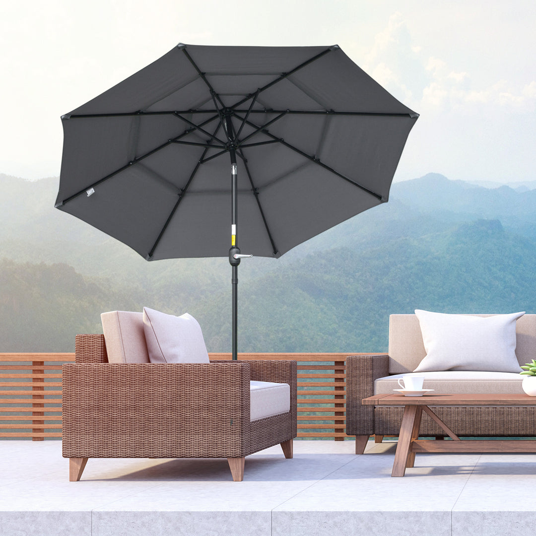 Parasol med 3-lags baldakin håndsving terrasseparasol drejelig markedsparasol 8 ribber haveparasol med solbeskyttelse, 2,6 m, stål, polyester, mørkegrå