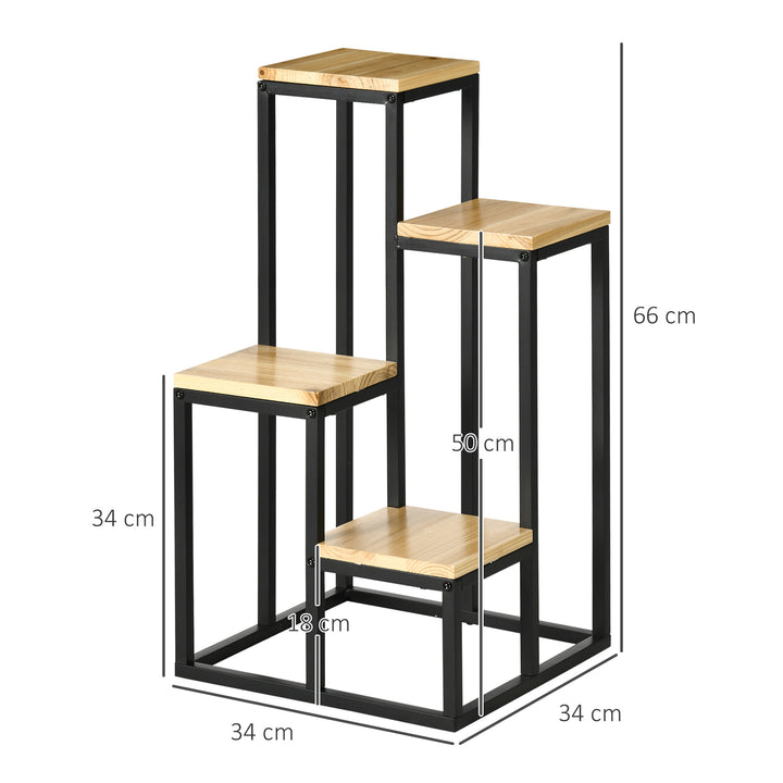 Industrielt plantestativ med 4 hylder, blomstertrappe, 34 cm x 34 cm x 66 cm, naturlig + sort