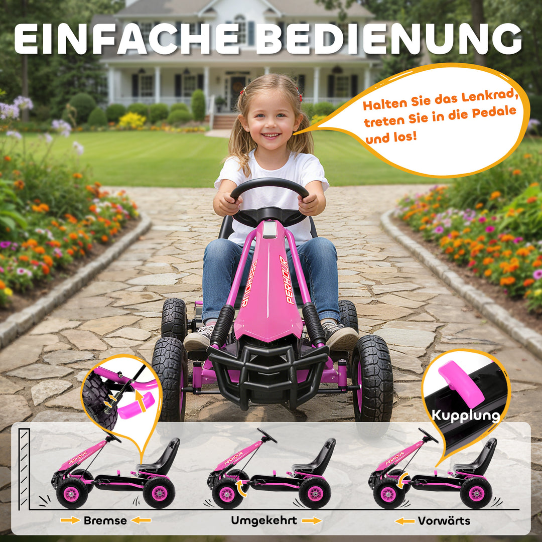 Pedal-gokart til børn, højdejusterbart sæde, EVA-hjul, bremse, kobling, alder 3-8, pink