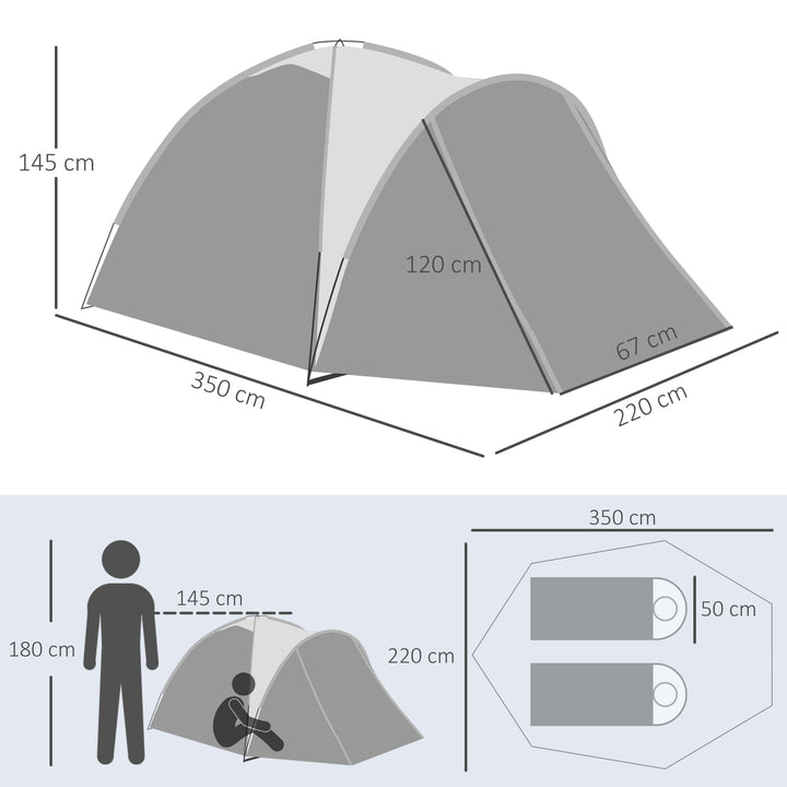 Campingtelt til 2-3 personer, glasfiberdør med lynlås, netvindue, inklusive bæretaske, kuppeltelt, 190t syntetisk læder, 2000 mm glasfiber, grå