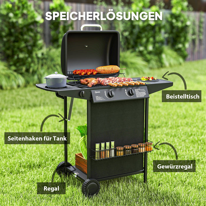 Gasgrill 7 KW grillvogn inkl. 3 brændere, sidebrænder, hjul, låg, 107 x 54 x 96 cm, sort