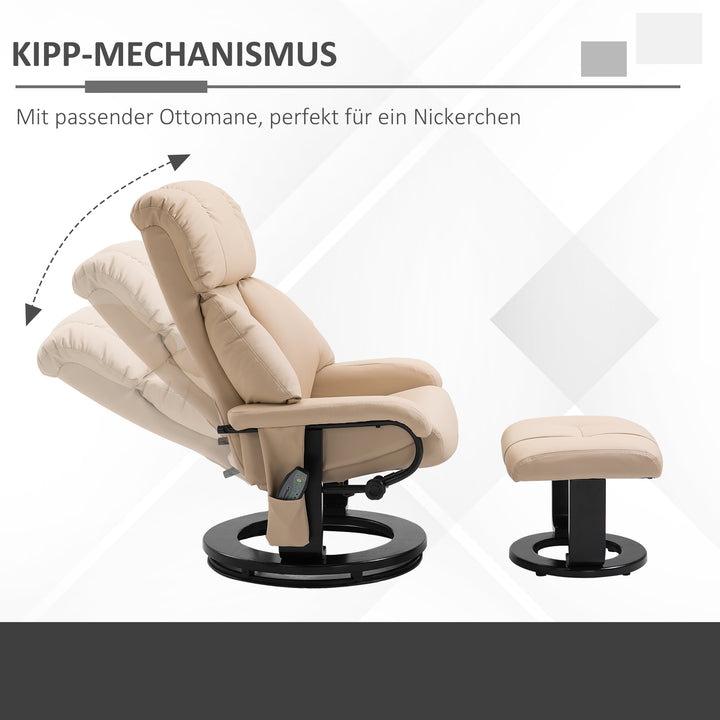 Afslappende lænestol med skammel, drejelig tv-stol med massagefunktion, lænefunktion, massagestol med fjernbetjening, sidelomme, lænestol i kunstlæder til stue cremehvid