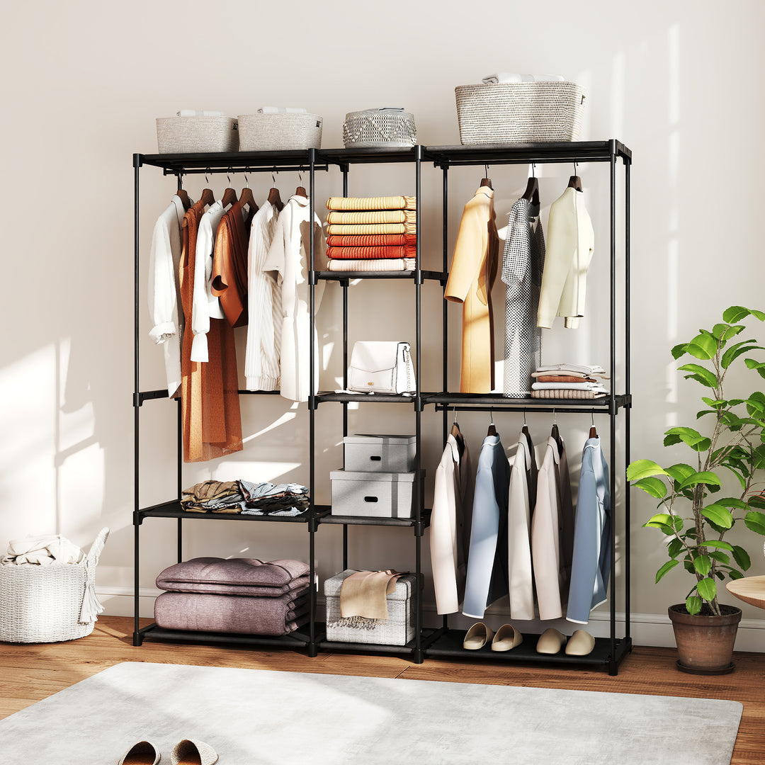 Åben garderobe, 4-etagers tøjstativ med 2 bøjlerum til stuen, 182 x 43 x 185 cm, sort