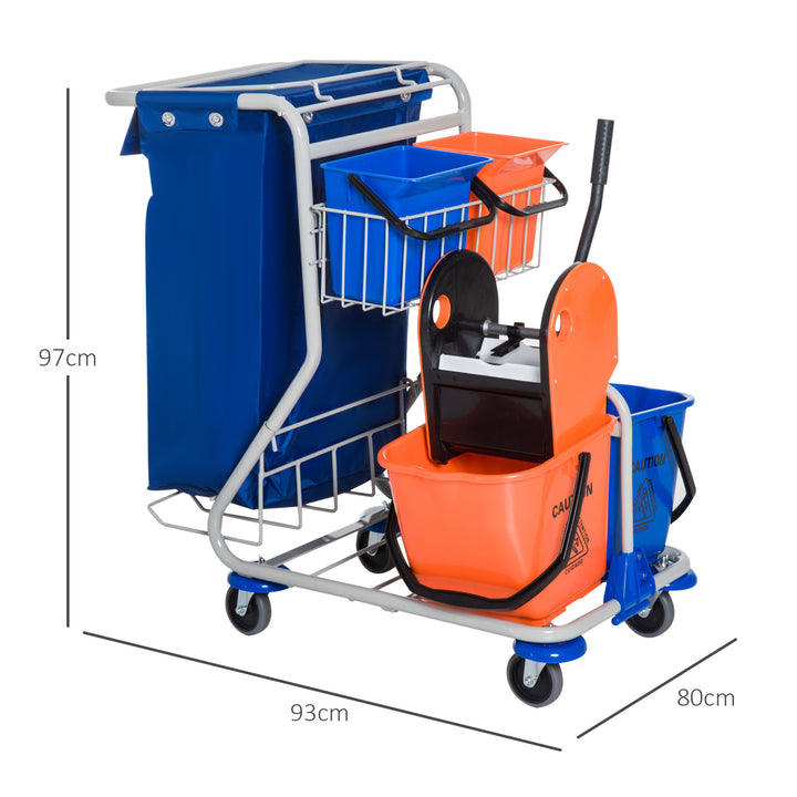 Rengøringsvogn med 2 x 18L og 2 x 6L spande, moppevogn, husholdningsvogn med moppepresse, opbevaringskurv, blå/orange, 93 x 80 x 97 cm