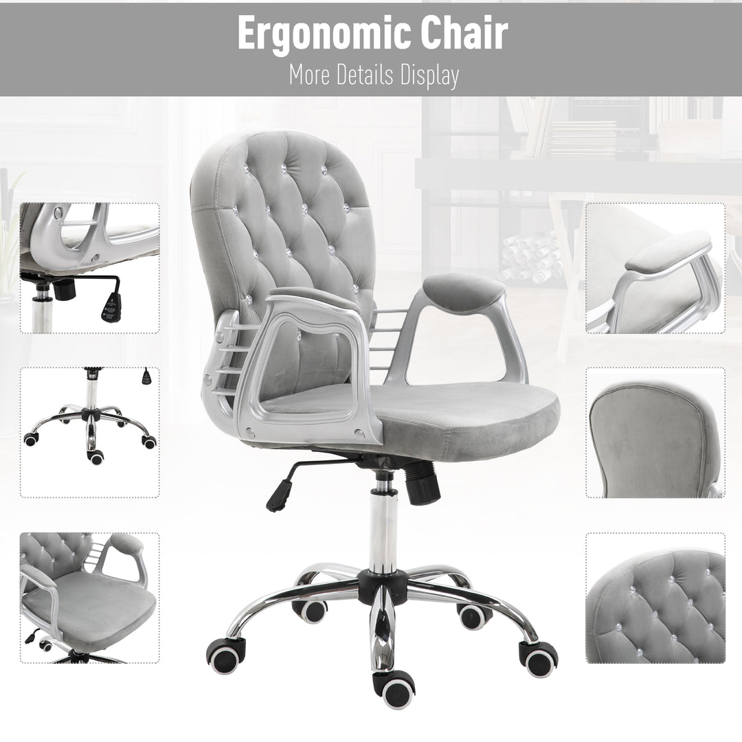 Kontorstol, ergonomisk skrivebordsstol med armlæn, polstret ryglæn, højdejusterbar computerstol med fløjlslook, drejestol til hjemmekontor, grå