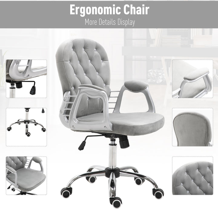 Kontorstol, ergonomisk skrivebordsstol med armlæn, polstret ryglæn, højdejusterbar computerstol med fløjlslook, drejestol til hjemmekontor, grå