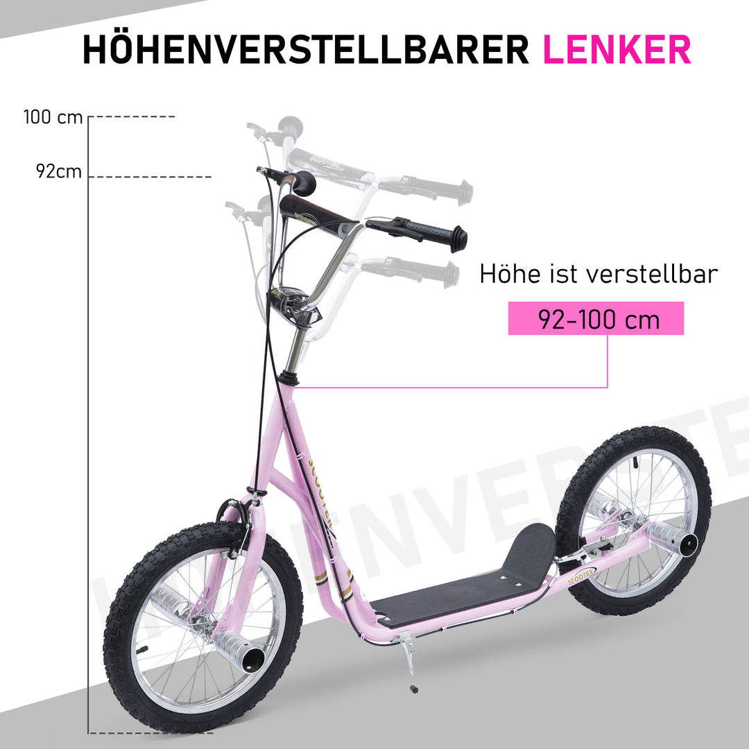 Børneløbehjul med luftgummidæk, løbehjul, city scooter til børn, kickboard, 16 tommer, fra 5 år, højdejusterbar, pink, 143 x 58 x 92-100 cm