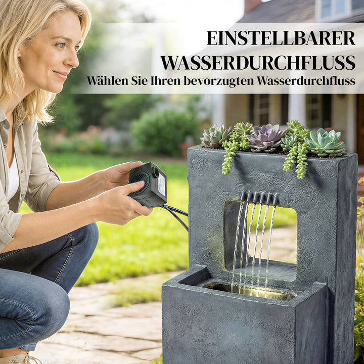 2-lags havefontæne med LED-belysning, plantekasse, pumpe, stenlook, justerbar, 45 x 31,5 x 58,5 cm