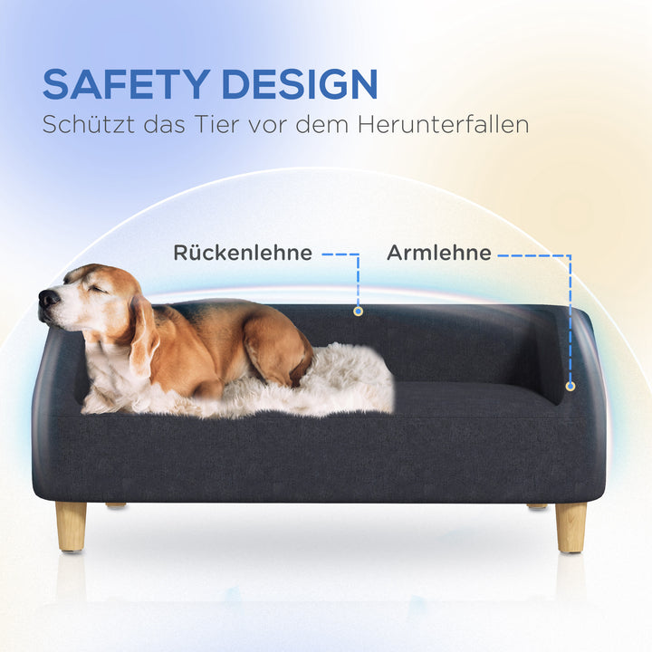 Hundesofa, kæledyrssofa, kattesofa, hundeseng til mellemstore og store hunde, hundesofa med forhøjet design, hundestol med træben, mørkegrå, 95 x 63 x 39 cm