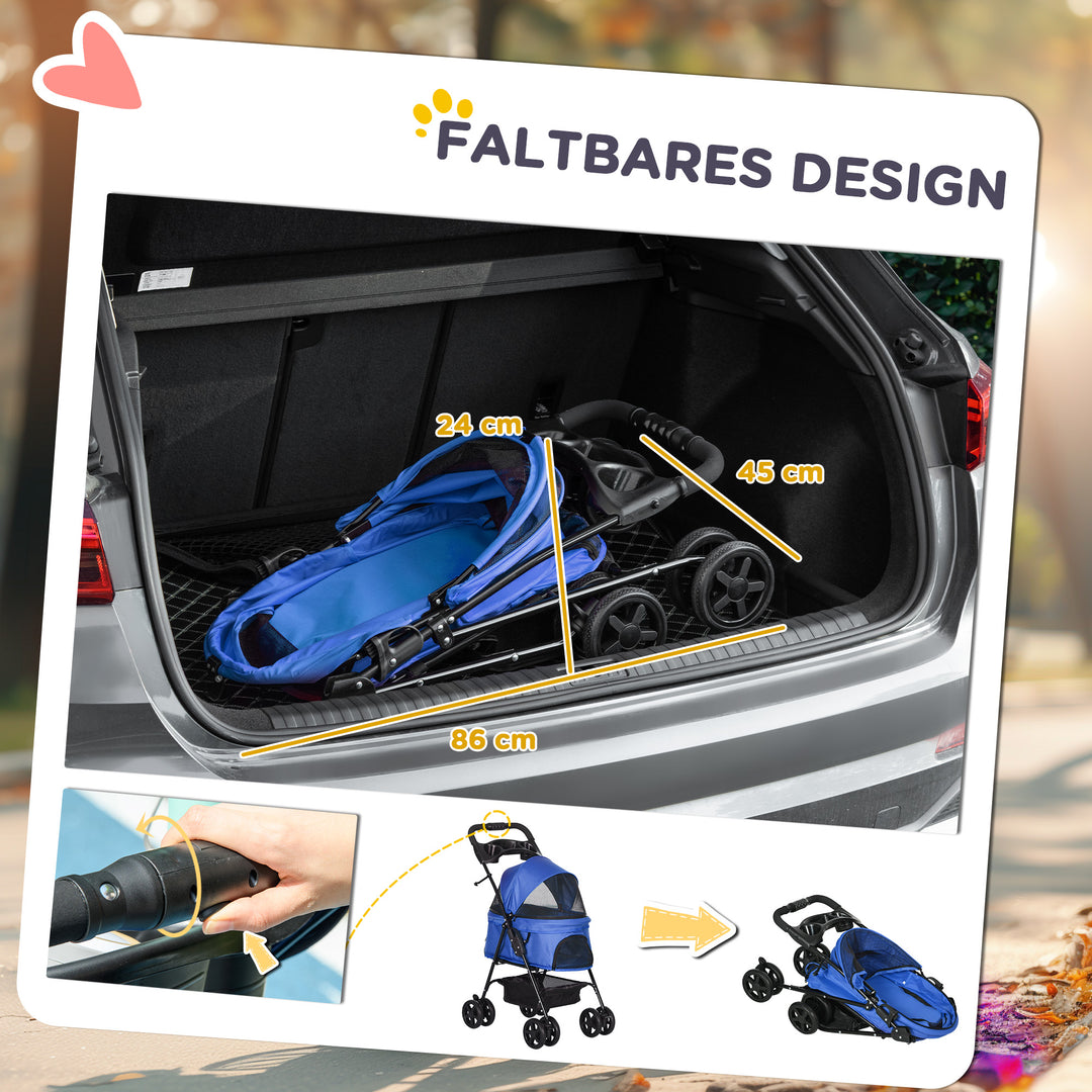 Hundevogn op til 4 kg sammenklappelig netkurv med vindue, gulv, kopholder, aftageligt tag, blå 67 x 45 x 96 cm