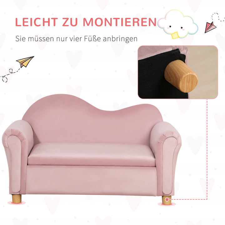 Børnesofa, to-personers til børn 3-5 år, opbevaringsplads, naturtræsstel, 84 x 41,5 x 48,5 cm, lyserød