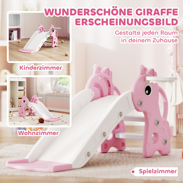 3-i-1 rutsjebane til børn, girafformet, basketballkurv, bold, pink