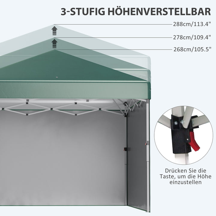 Foldbar pavillon, 2 sidepaneler, højdejusterbar, med bæretaske, stel i rustfrit stål, 3 x 3 m, grøn