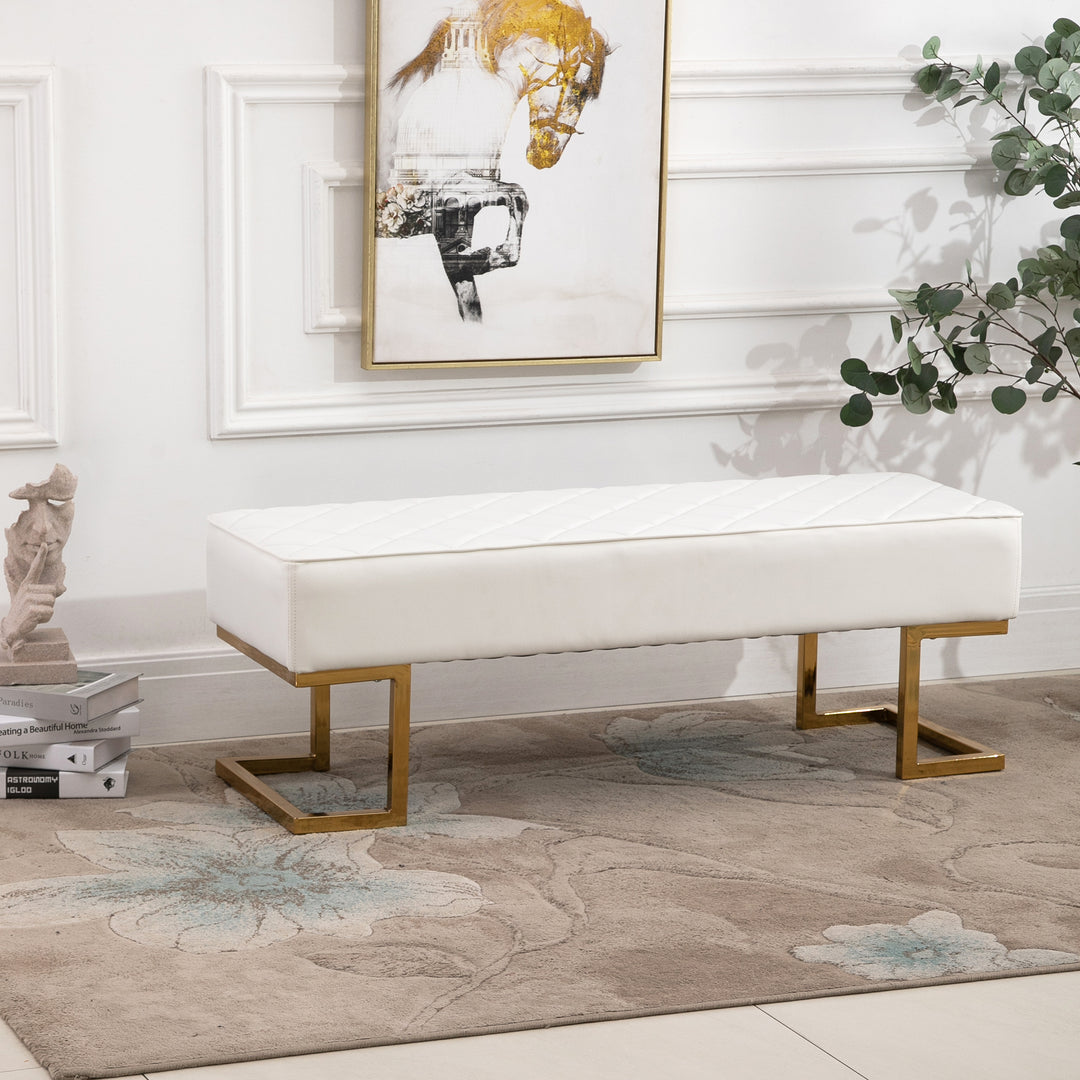 Bænk til soveværelse, kommode, sengebænk, stue, kunstlæder, metal, hvid+guld, 120 x 43 x 42 cm