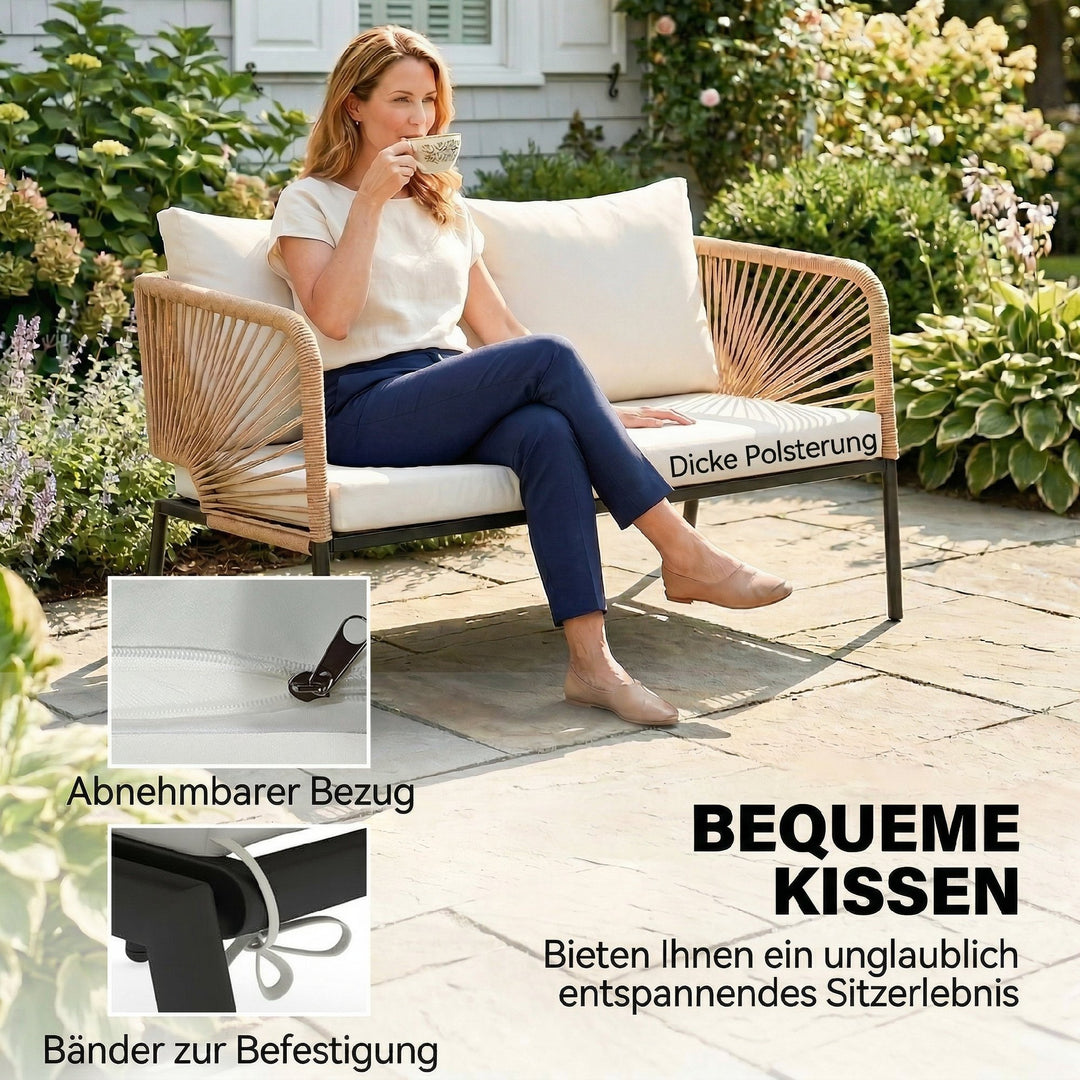 Havemøbelsæt, vejrbestandigt, til 4 personer, med 2-personers sofa, 2 lænestole, WPC lamelbord, metal, PE-rattan, hvid