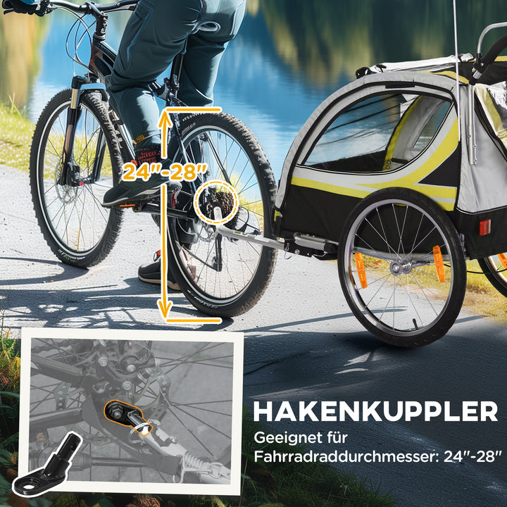 2-I-1 cykelanhænger til 2 børn, skubbefunktion, regnslag, bremse, gul