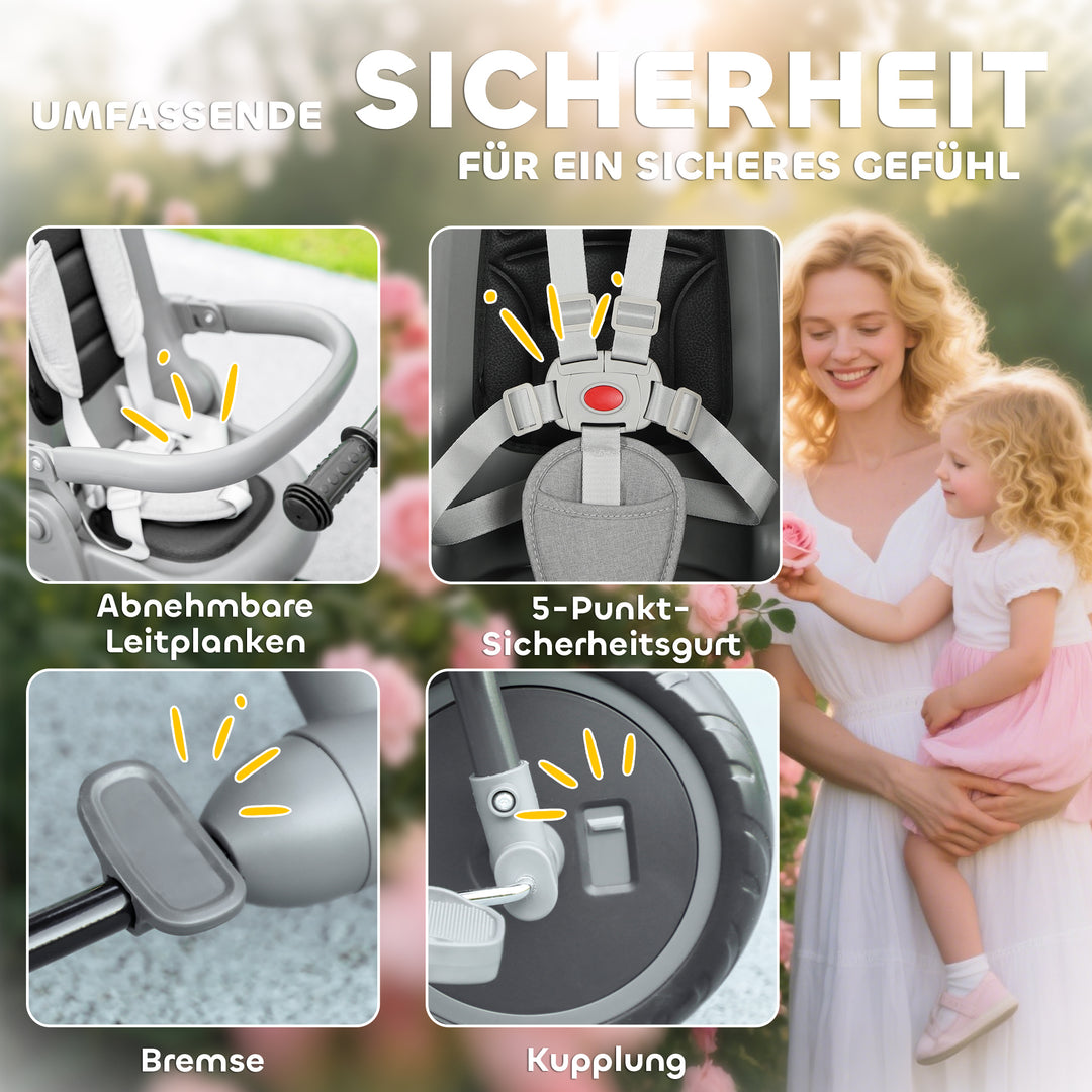 Børnetrecykel, 6-i-1 klapvogn til småbørn, med skubbehåndtag, justerbart sæde, foldbart design, sikkerhedsnet, grå
