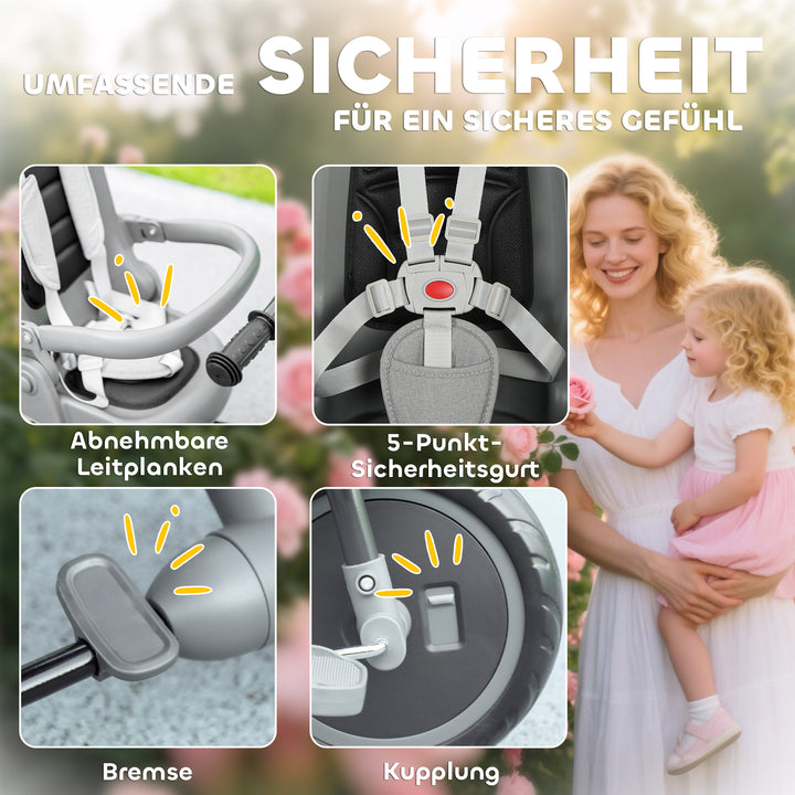 Børnetrecykel, 6-i-1 klapvogn til småbørn, med skubbehåndtag, justerbart sæde, foldbart design, sikkerhedsnet, grå