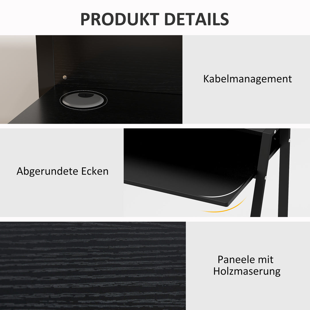 Skrivebord, computerbord med opbevaring og kabelhåndtering, moderne skrivebord med metalramme til studie, soveværelse, hjemmekontor, 84 x 45 x 85 cm, sort