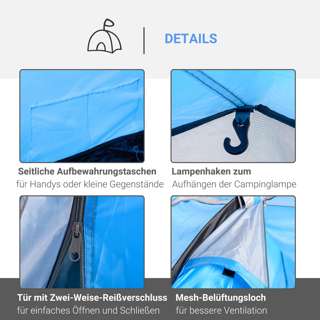 Campingtelt, pop-up-telt til 2-3 personer, forhal og soveområde, vandtæt, 426 x 206 x 154 cm, lyseblå