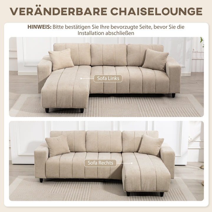 L-formet hjørnesofa med fleksibel chaiselong, 3-personers sofa med 2 hynder, metalstel, til stue, beige