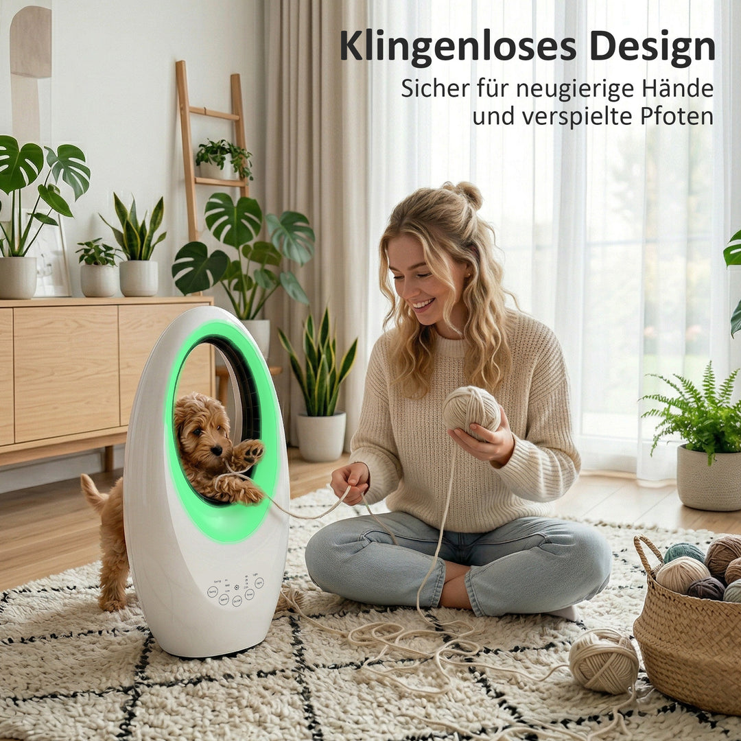 Tårnventilator uden rotorblade, støjsvag ventilator med 60° oscillation, LED-belysning, 3 hastigheder, 7,5 timer