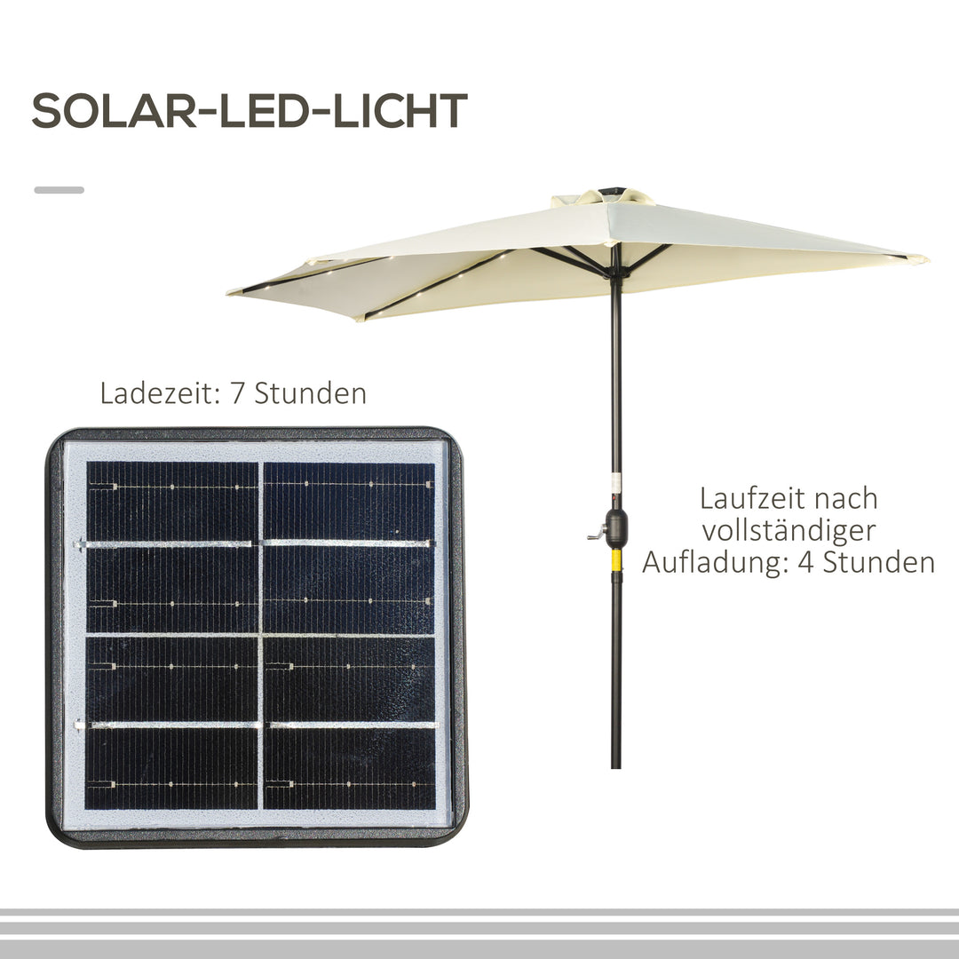 Parasol, terrasseparasol, halvrund, med solpanel, 20 led'er, håndsving, beige, 2,70 x 1,35 x 2,40 m