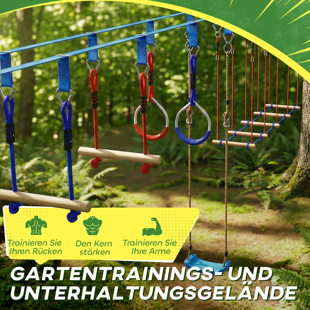 Ninja Line Kids 24m Slackline-sæt med gymnastikringe, 7 forhindringer, klatrestang og balancebro til alderen 3-6