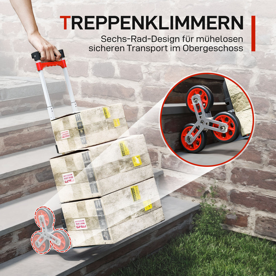 Sammenklappelig trappevogn, 6-hjulet system, lasteevne 70 kg, aluminium, rød