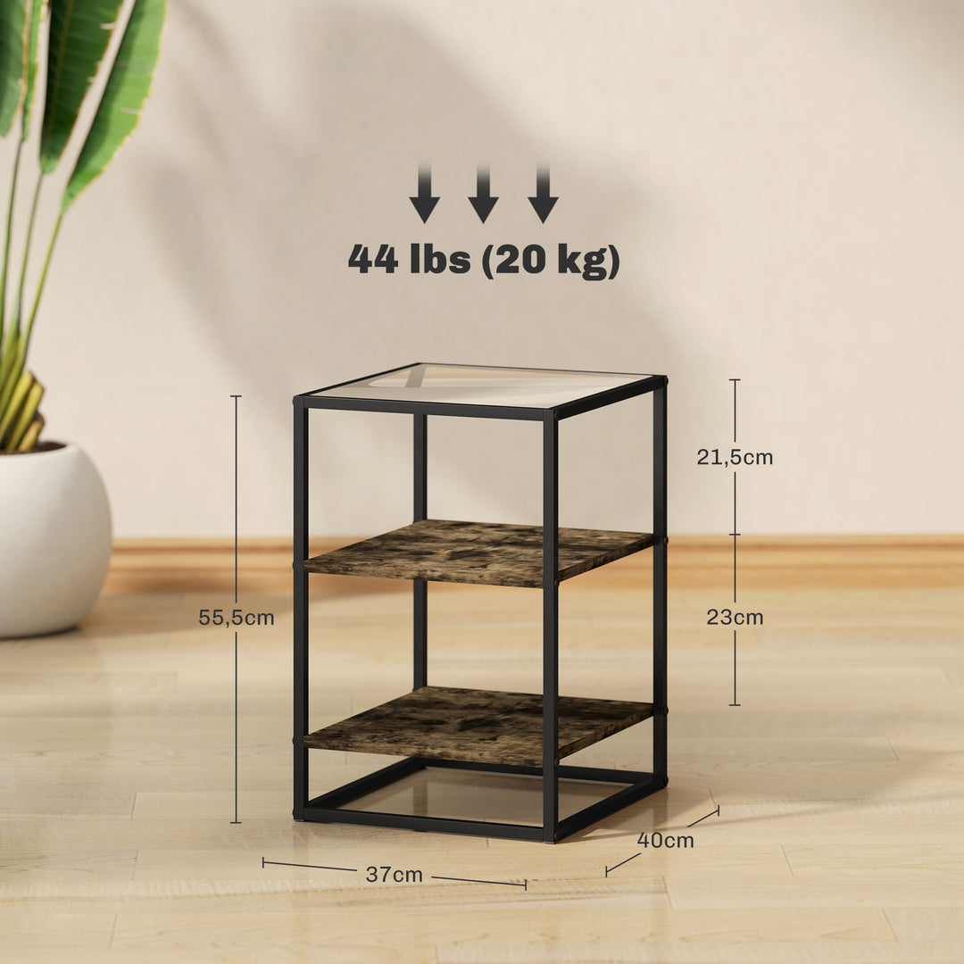 Sæt med 2 sideborde med glasplade, 3-lags design, metalstel, til stue, soveværelse, brun