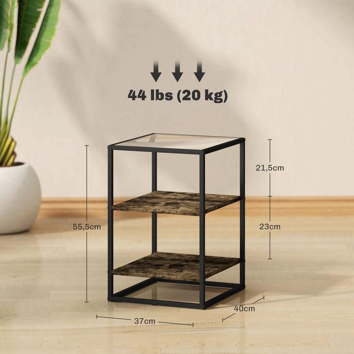 Sæt med 2 sideborde med glasplade, 3-lags design, metalstel, til stue, soveværelse, brun
