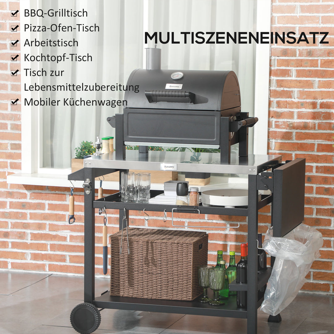 Grillstation/grillvogn, inklusive tilbehør, 125 x 65 x 84 cm, sort + sølv