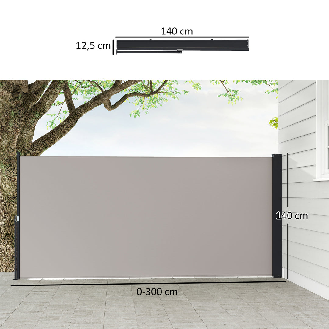 Sidemarkise, rullegardin, udtrækkelig, privatlivsskærm, aluminium/polyester, 3 x 1,4 m, lysegrå