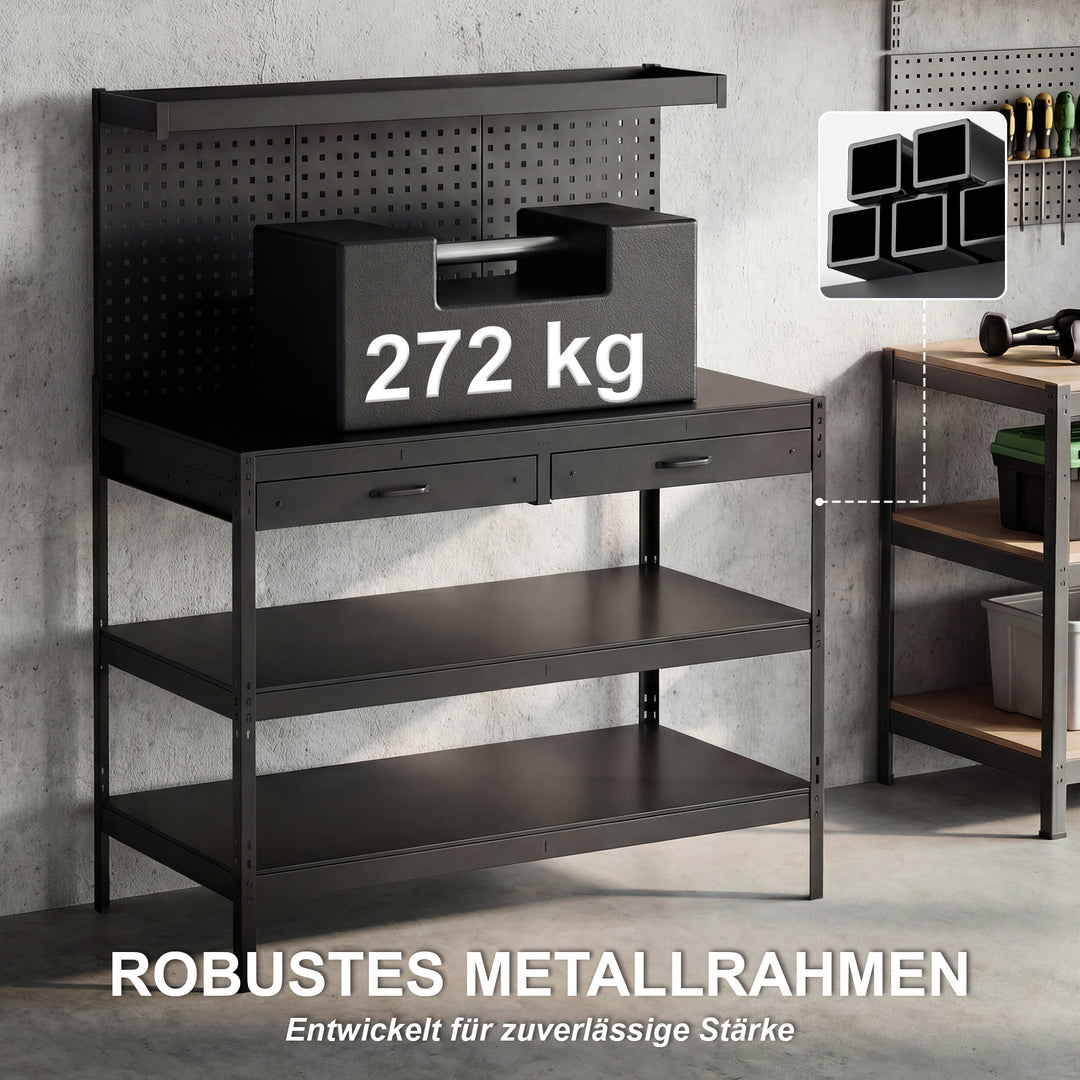 Arbejdsbord med justerbare hylder, robust arbejdsstation med hulbræt og 2 skuffer, 122 x 61 x 156 cm, sort