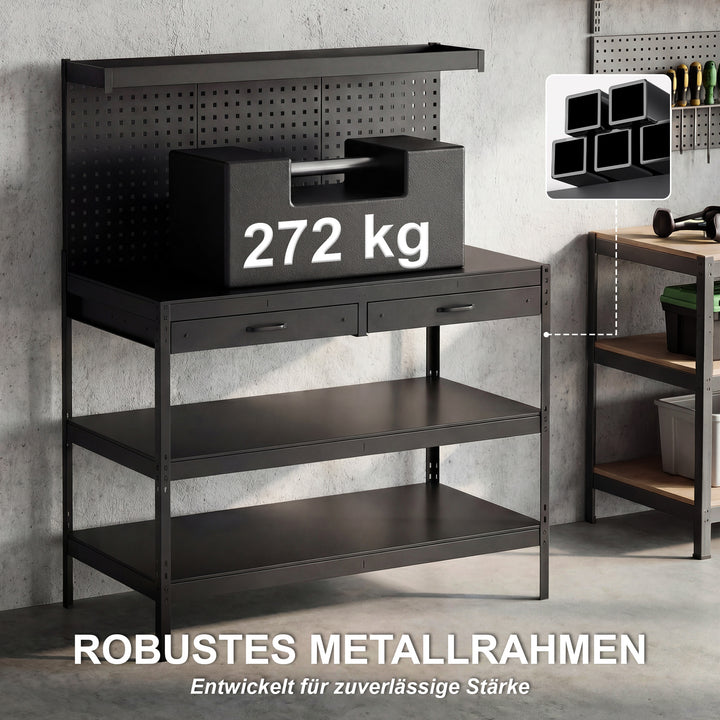 Arbejdsbord med justerbare hylder, robust arbejdsstation med hulbræt og 2 skuffer, 122 x 61 x 156 cm, sort