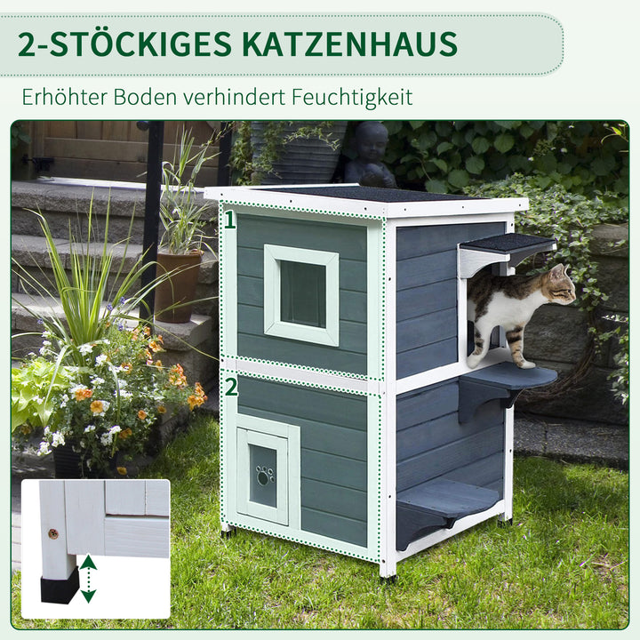 Trækattehus 2 etager vintertæt vandtæt kattehus med asfalttag trappe vindue kattehule udendørs ly til udendørs have balkon 51 x 51 x 81,3 cm grå