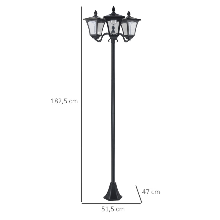 Solcellehavelanterne med 3 lys, lanternestang i rustfrit stål, solcellelanterne med LED 120 lumen, 51,5x47x182,5 cm, stilampe IP44 til havebalkon, sort