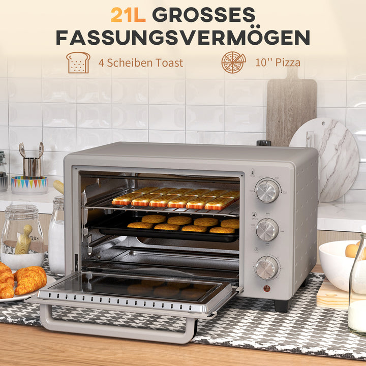 Miniovn, 21 l brødristerovn med 1 rist og 1 bageplade, 3 tilberedningstilstande, 100°c-230°c, rustfrit stål, glas, sølv