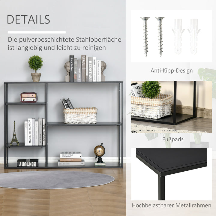 Fritstående reol med 5 åbne rum, opbevaringshylde med metalramme, kubeformet hylde til køkken, stue, sort, 120 x 35 x 87,5 cm