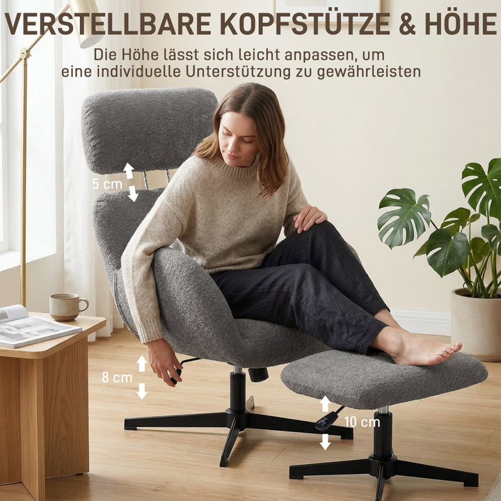 Drejelig lænestol med fodskammel, højdejusterbar accentstol med justerbar nakkestøtte, gyngefunktion, grå