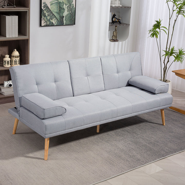 Sovesofa, 3-personers sofa, sovesofa med klapbord, kopholder, sovesofa med linnedlook, gæsteseng til stuen, lysegrå