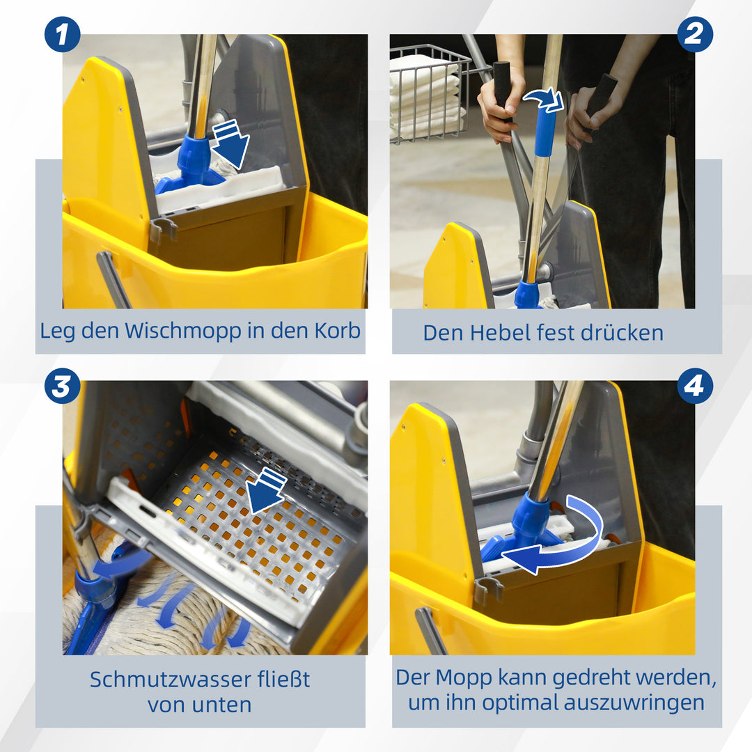 Rengøringsvogn, moppevogn, 25 l kapacitet, 4 hjul, plastik, gul
