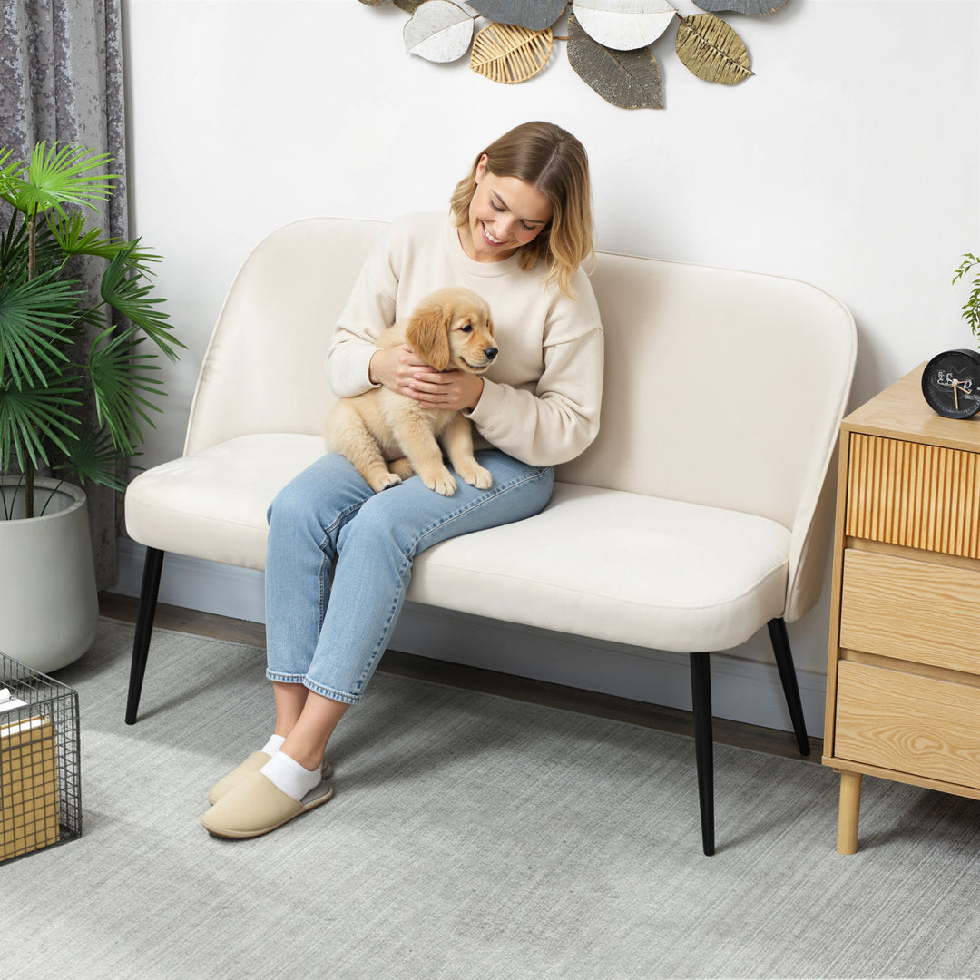 2-personers sofa, moderne polstret sofa med metal- og træstel, fløjlsblødt stofbetræk, beige