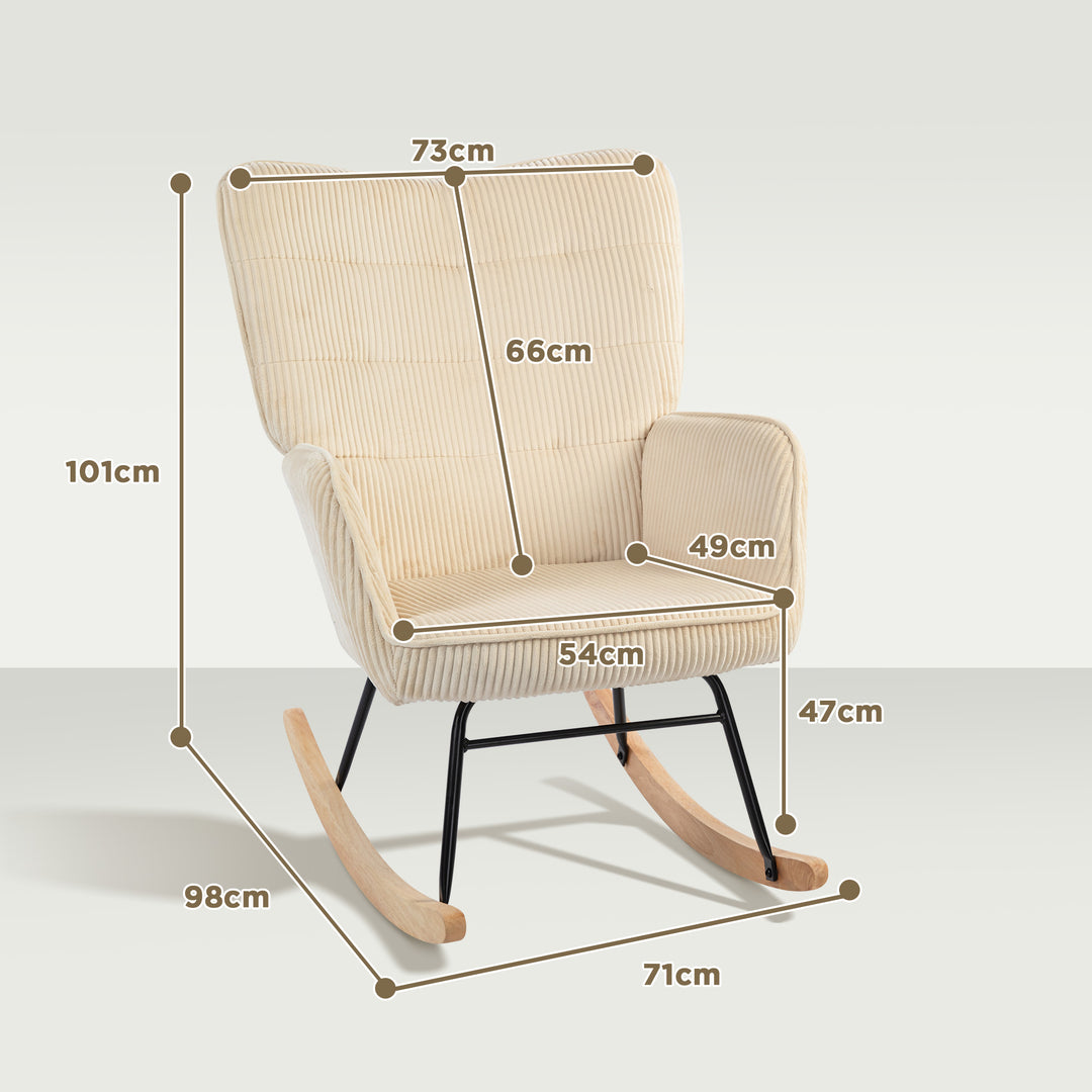 Vintage gyngestol, buede løbere, tykt polstring, bøgetræ og stål, beige