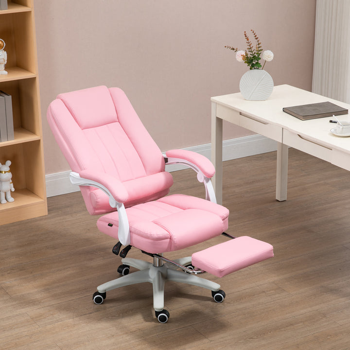 Kontorstol med fodstøtte, justerbar ryglæn, højdejusterbar, 5 hjul, pink + hvid