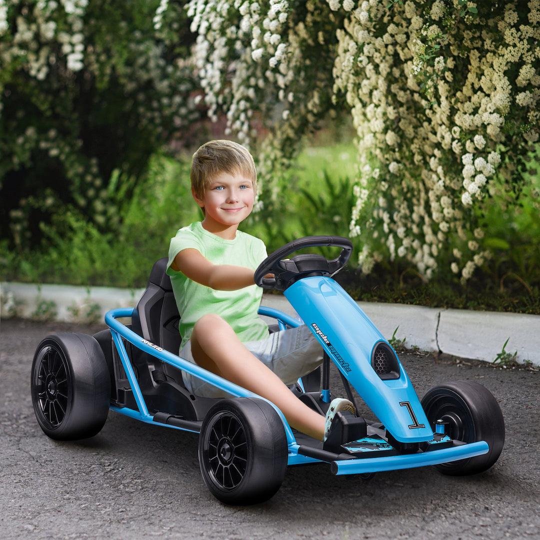 Elektrisk gokart til børn, driftfunktion, horn, musik, sikkerhedssele, blød start, blå/sort