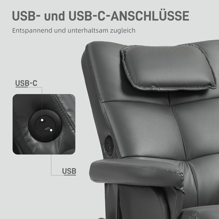 /Massagestol med fodstøtte, justerbar ryglæn, usb-opladeport, læderlook, op til 150 kg, mørkegrå